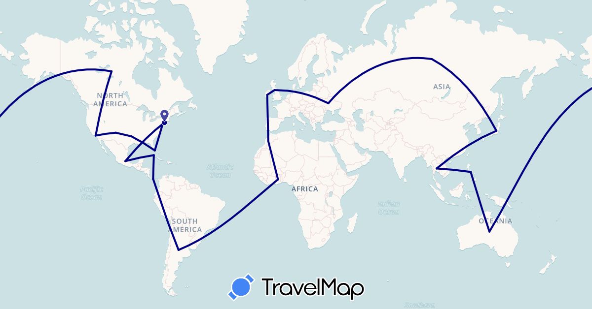 TravelMap itinerary: driving in Argentina, Australia, Canada, Cuba, United Kingdom, Ghana, Ireland, Japan, Morocco, Mexico, Panama, Philippines, Russia, Thailand, Ukraine, United States (Africa, Asia, Europe, North America, Oceania, South America)